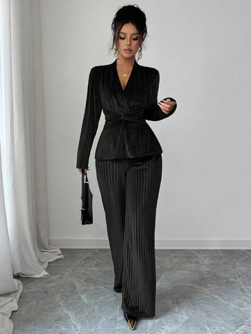 Elegant Pleated Velvet Trouser Set