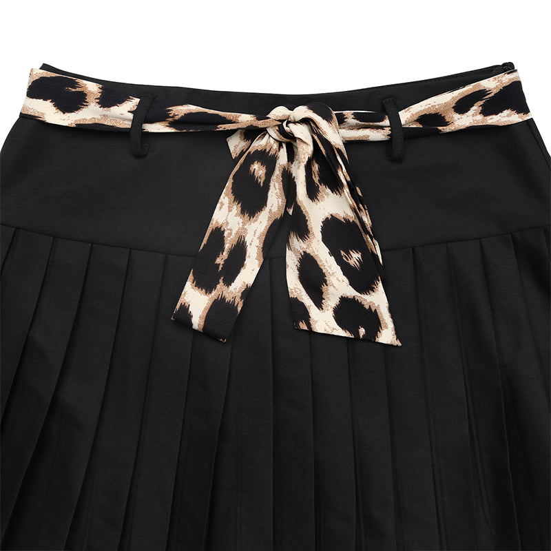 High-Waisted Pleated Leopard-Bow Sexy Mini Skirt-Black