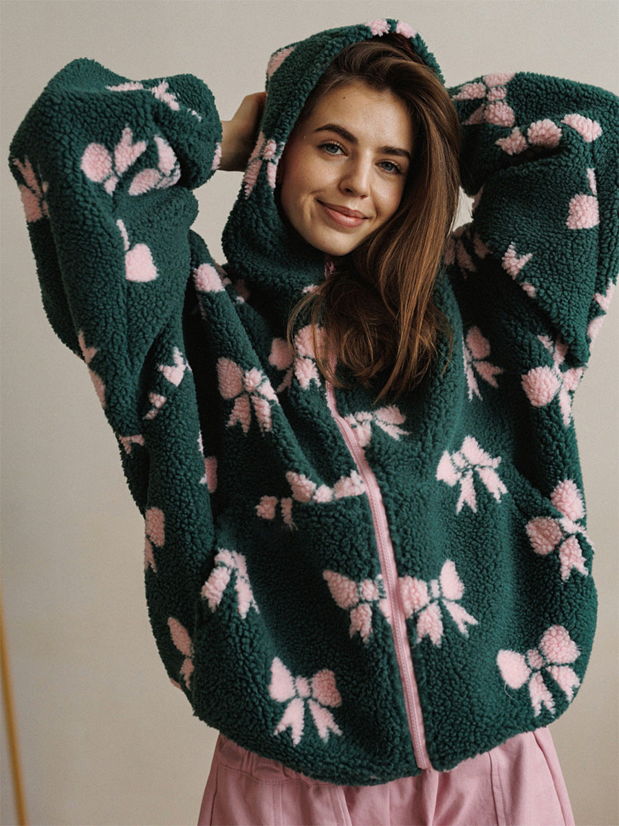 Cozy Bow Print Sherpa Jacket