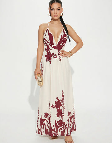 V Neck Floral Print Boho Maxi Dress