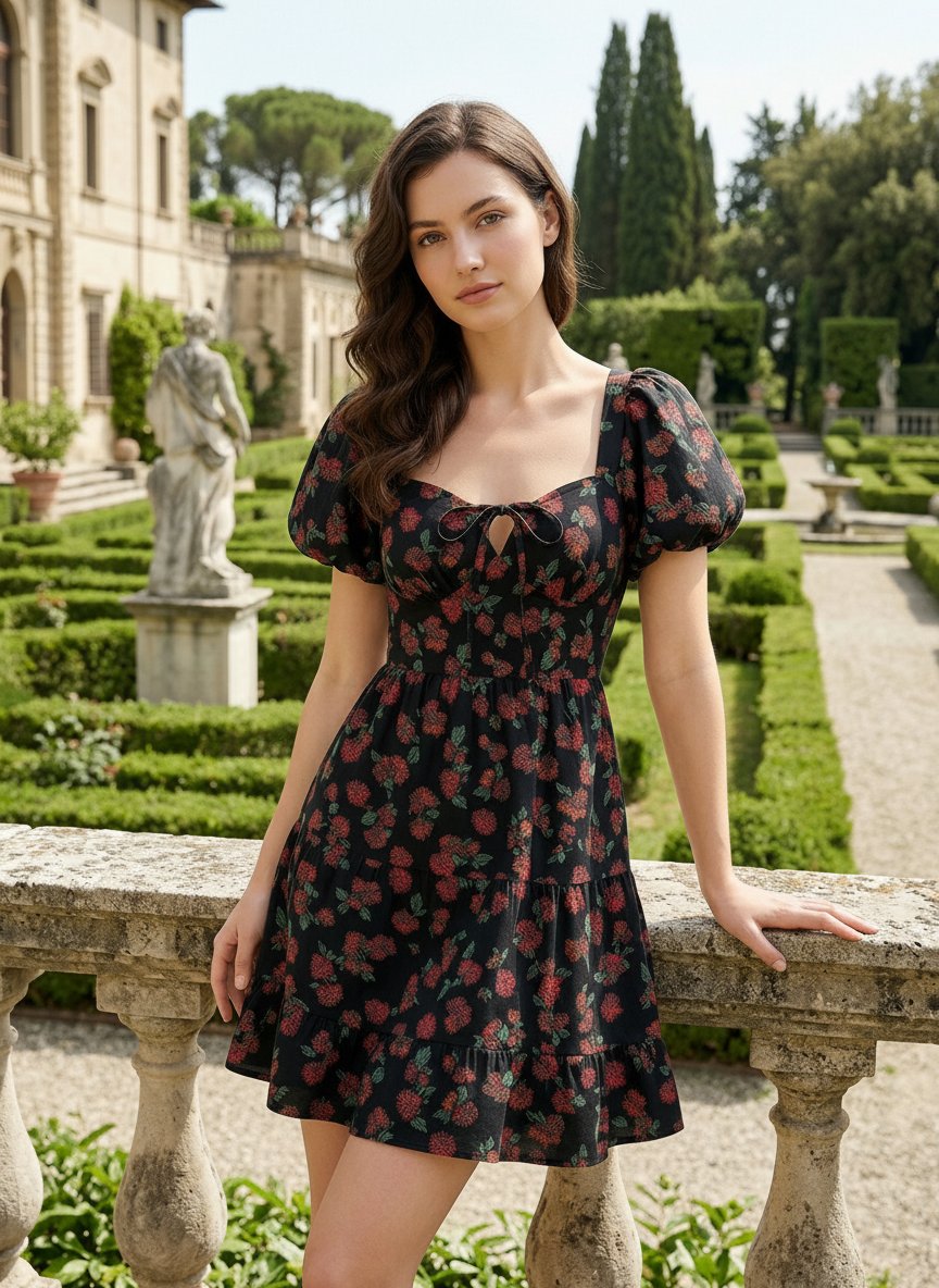 Floral Print Puff Sleeve Tiered Mini Dress