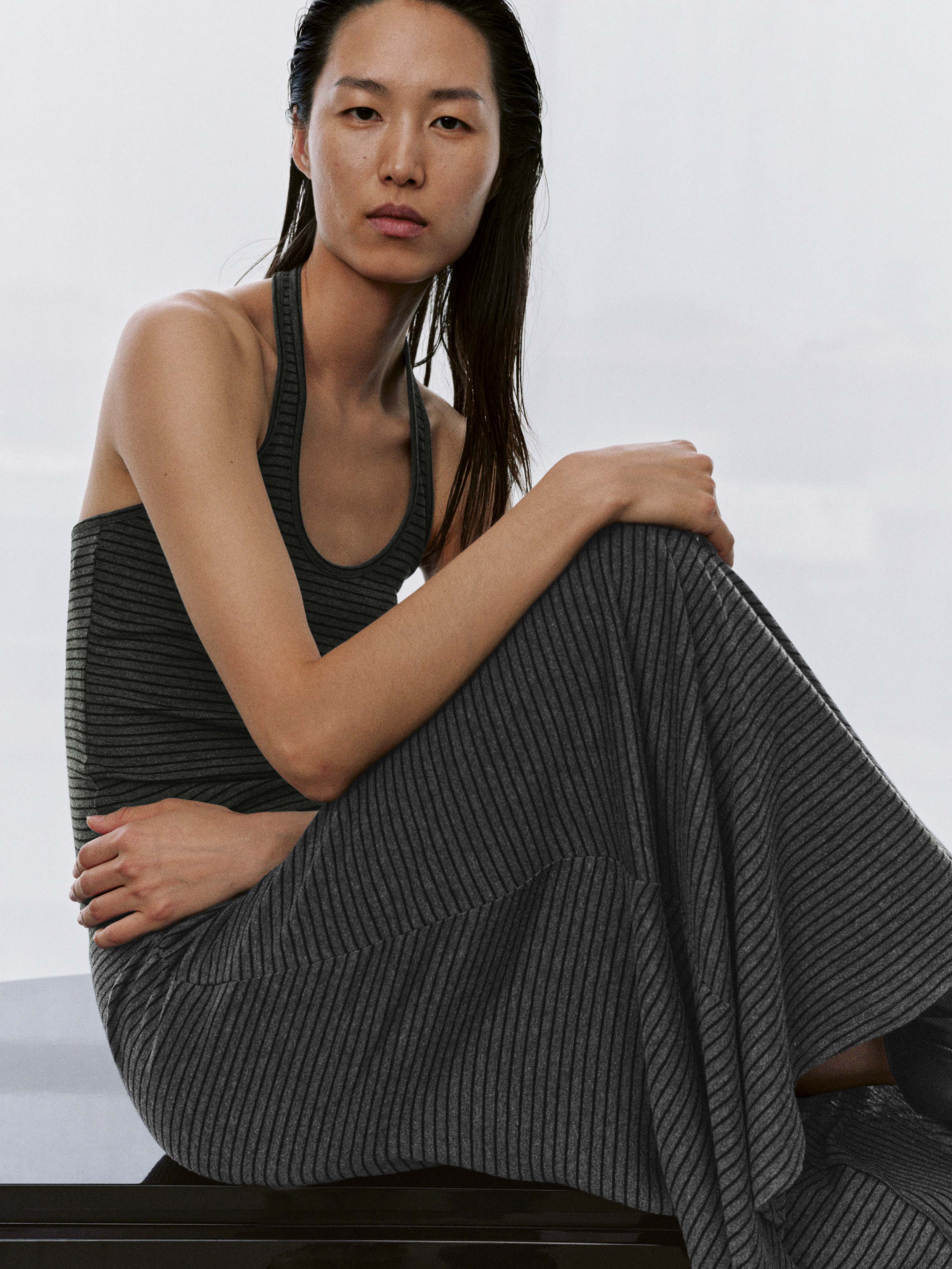 Asymmetric Striped Ruched Straight Maxi Skirts
