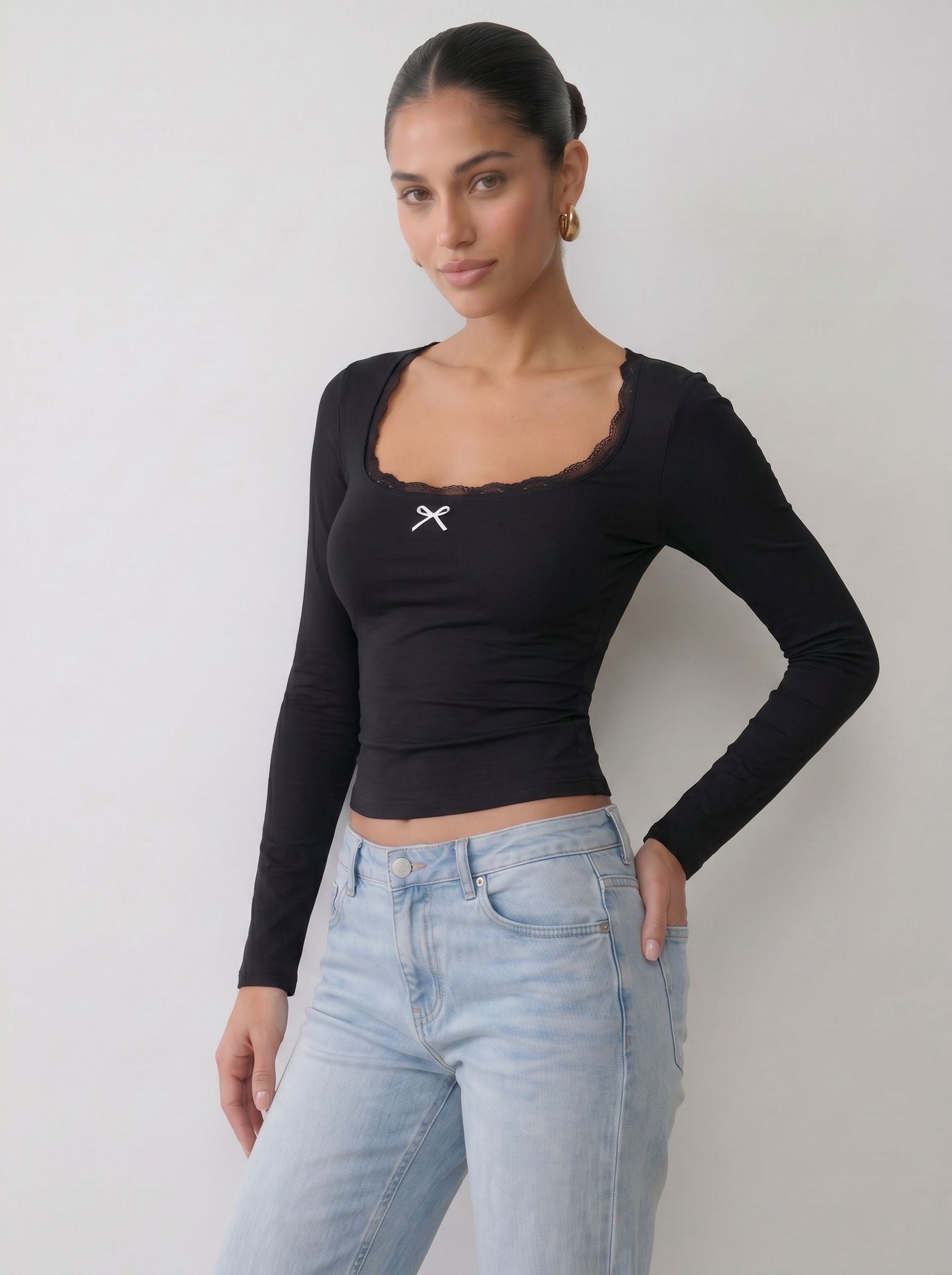 Lace Trim Bow Detail Long Sleeve T-shirt
