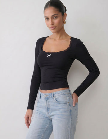 Lace Trim Bow Detail Long Sleeve T-shirt