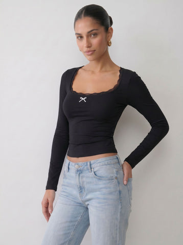 Lace Trim Bow Detail Long Sleeve T-shirt