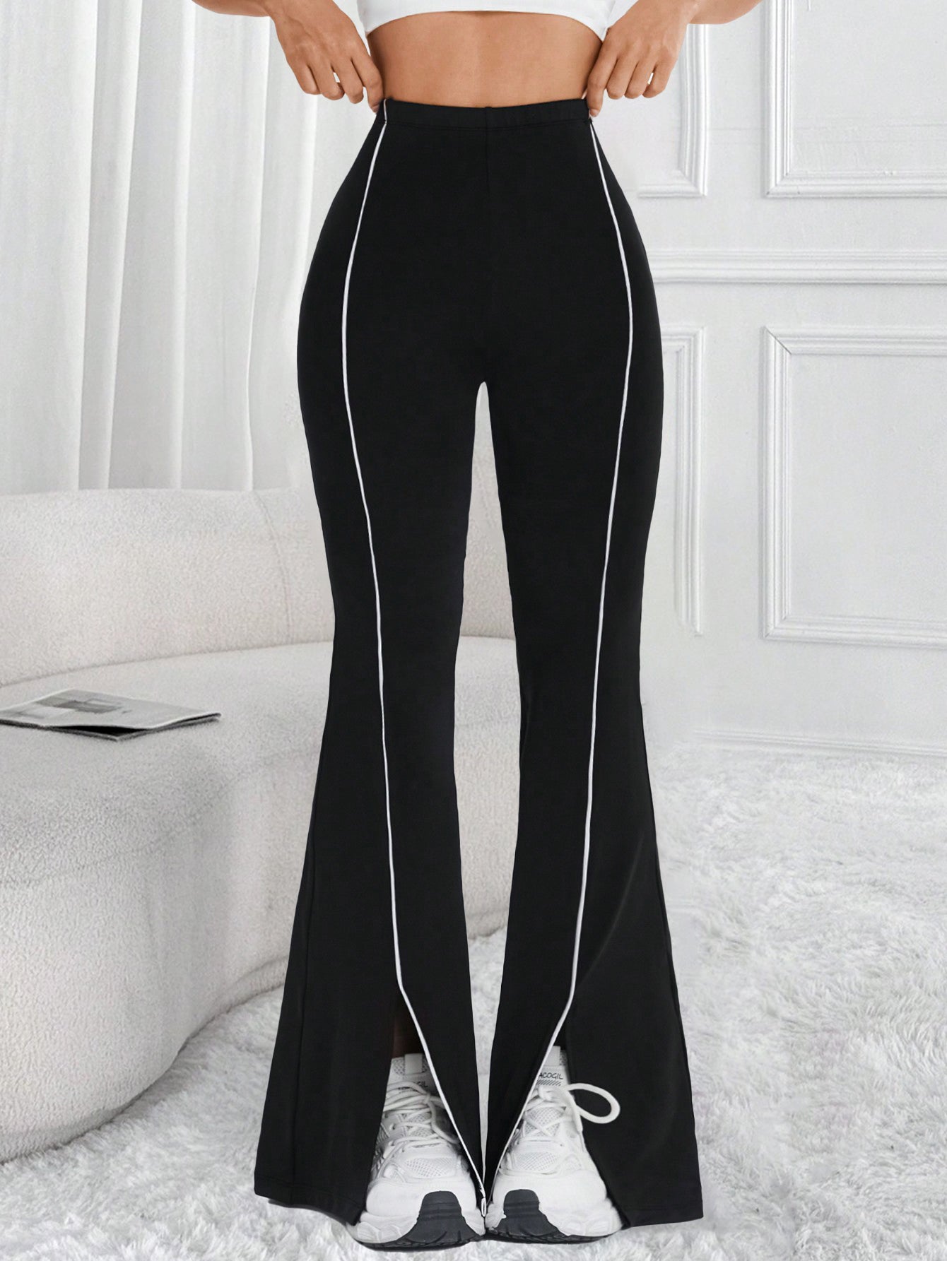 High-Waisted Flared-Leg Side-Slit Athleisure Pants-Black