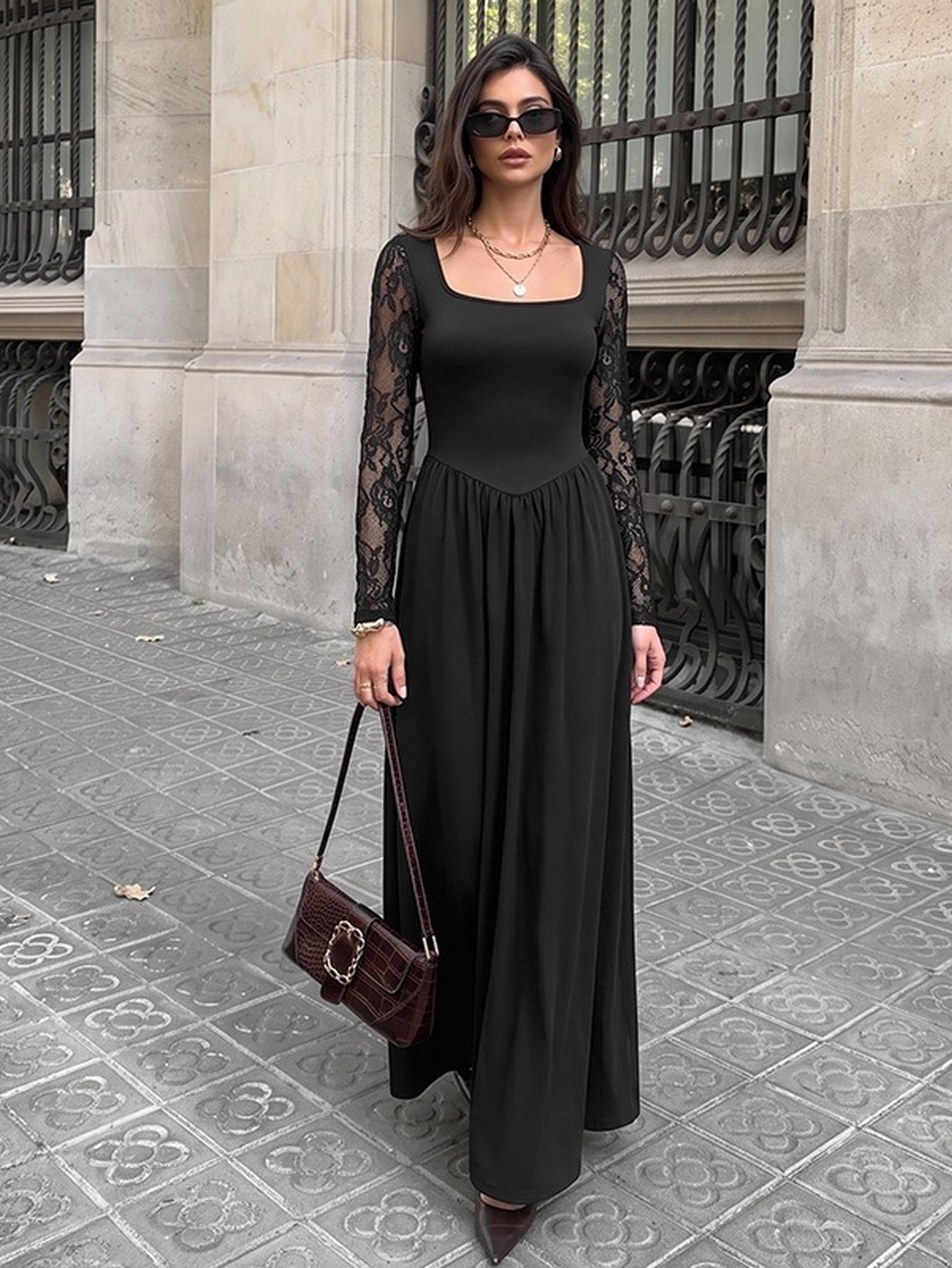 Elegant Lace Sleeve Square Neck Dress