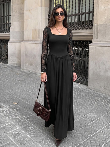 Elegant Lace Sleeve Square Neck Dress