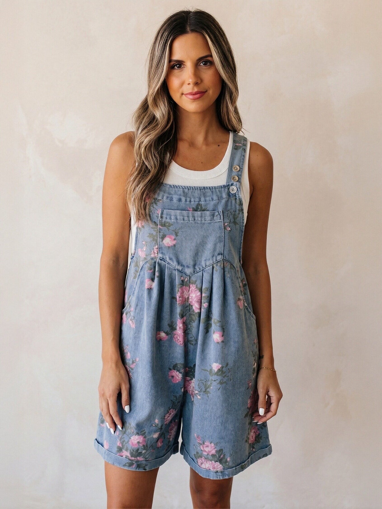 Floral Print Denim Overall Romper