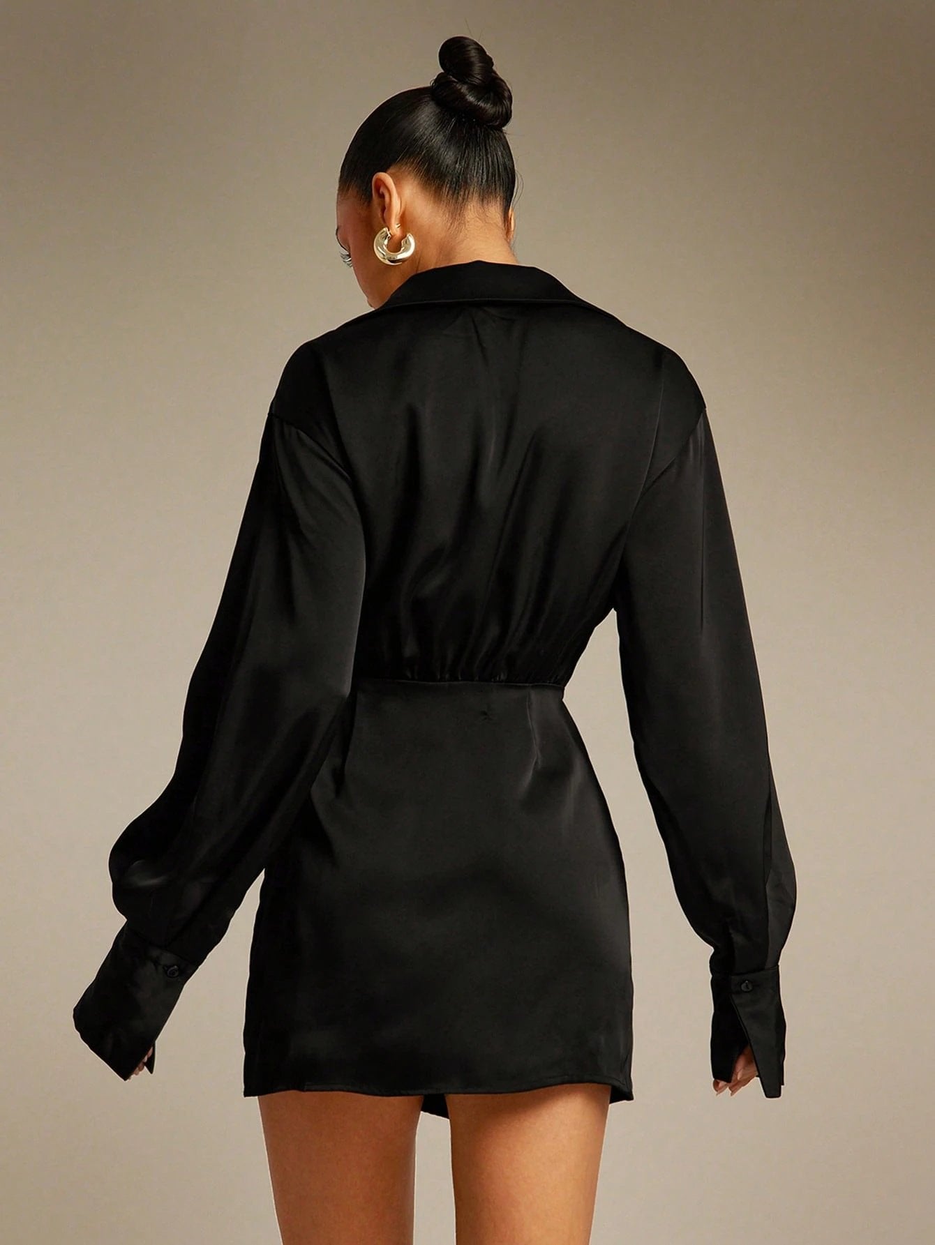 Deep V-Neck Long-Sleeve High-Slit Sexy Mini Dress-Black