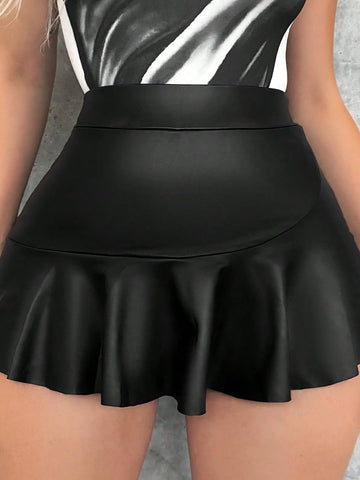 High Waisted Faux Leather Ruffle Skort