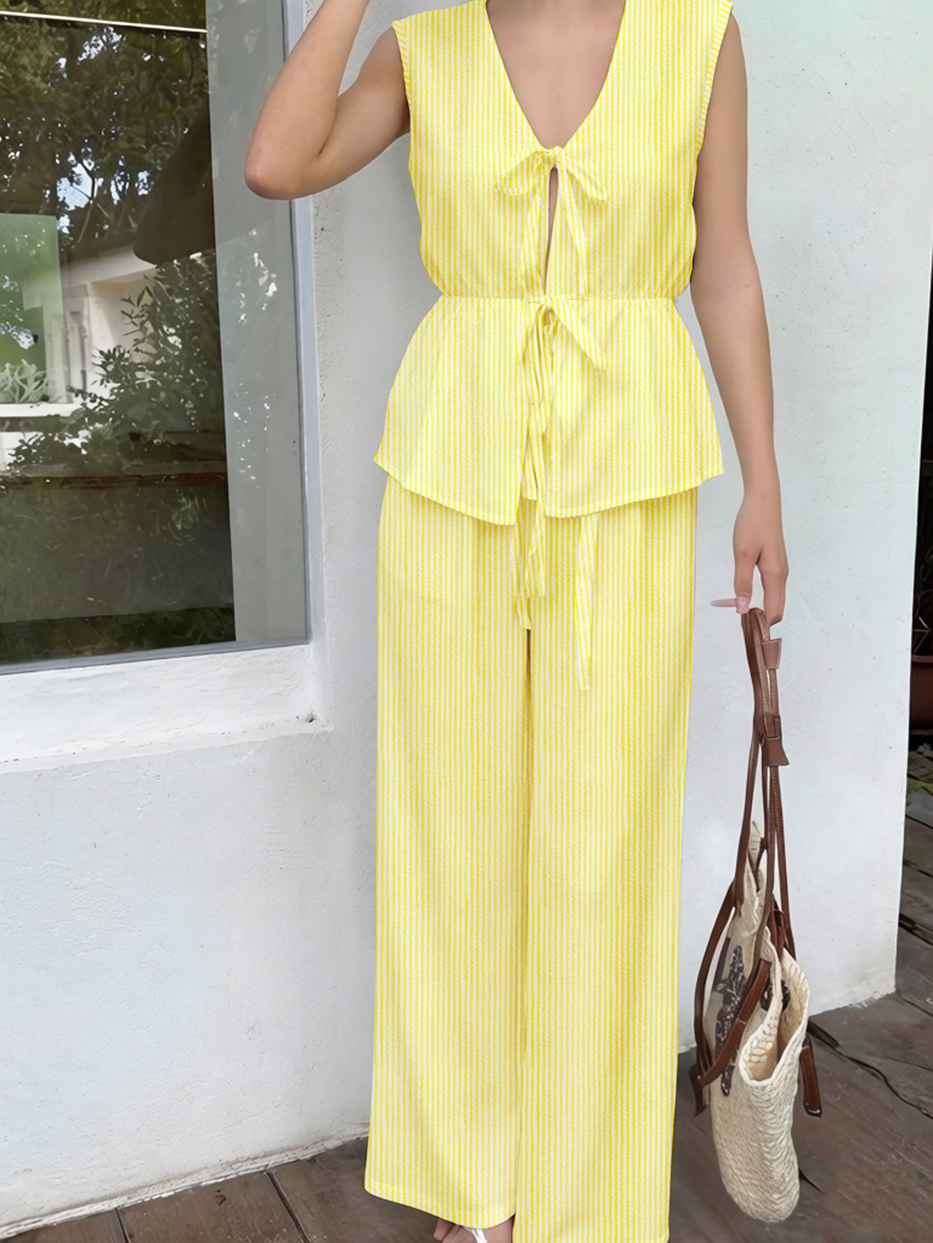 Yellow Striped Sleeveless Pants Set