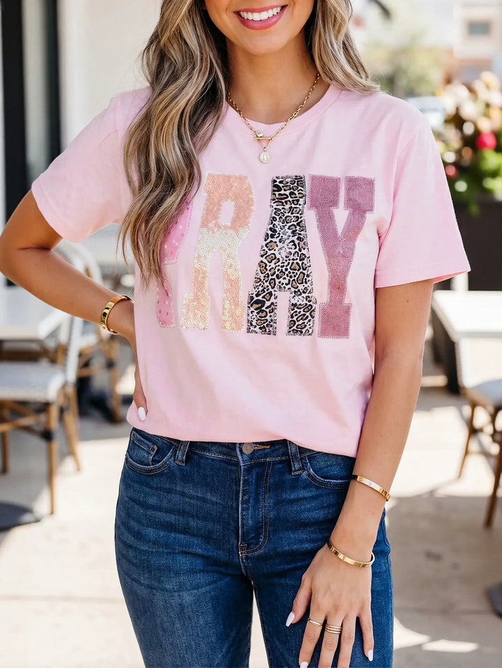Sequin Leopard Print Pray T-Shirt