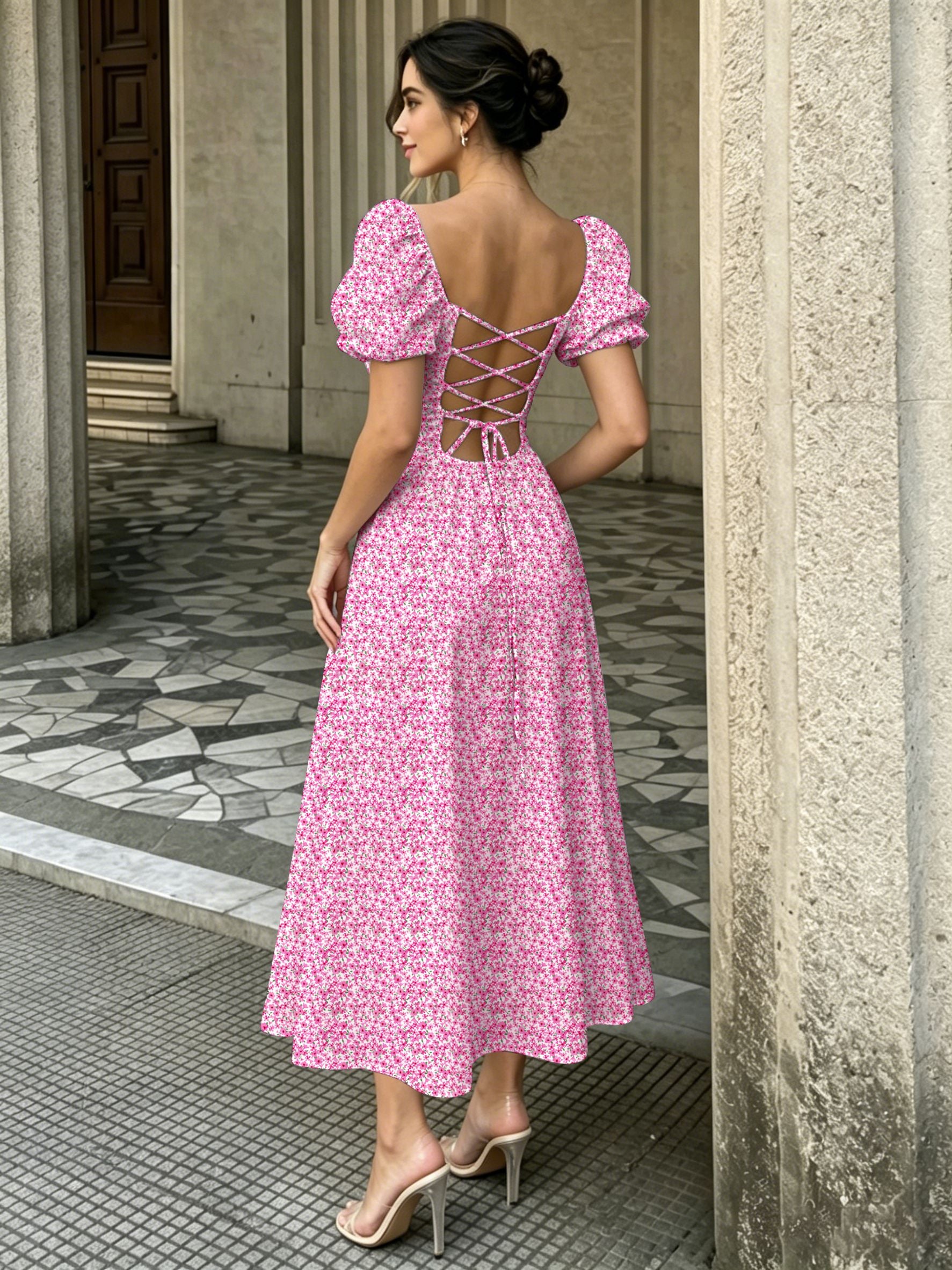 Floral Puff Sleeve Slit Midi Dress