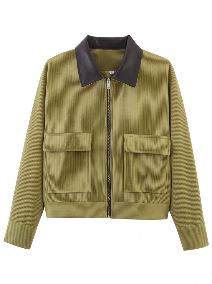 Contrast Collar Corduroy Zip Jacket