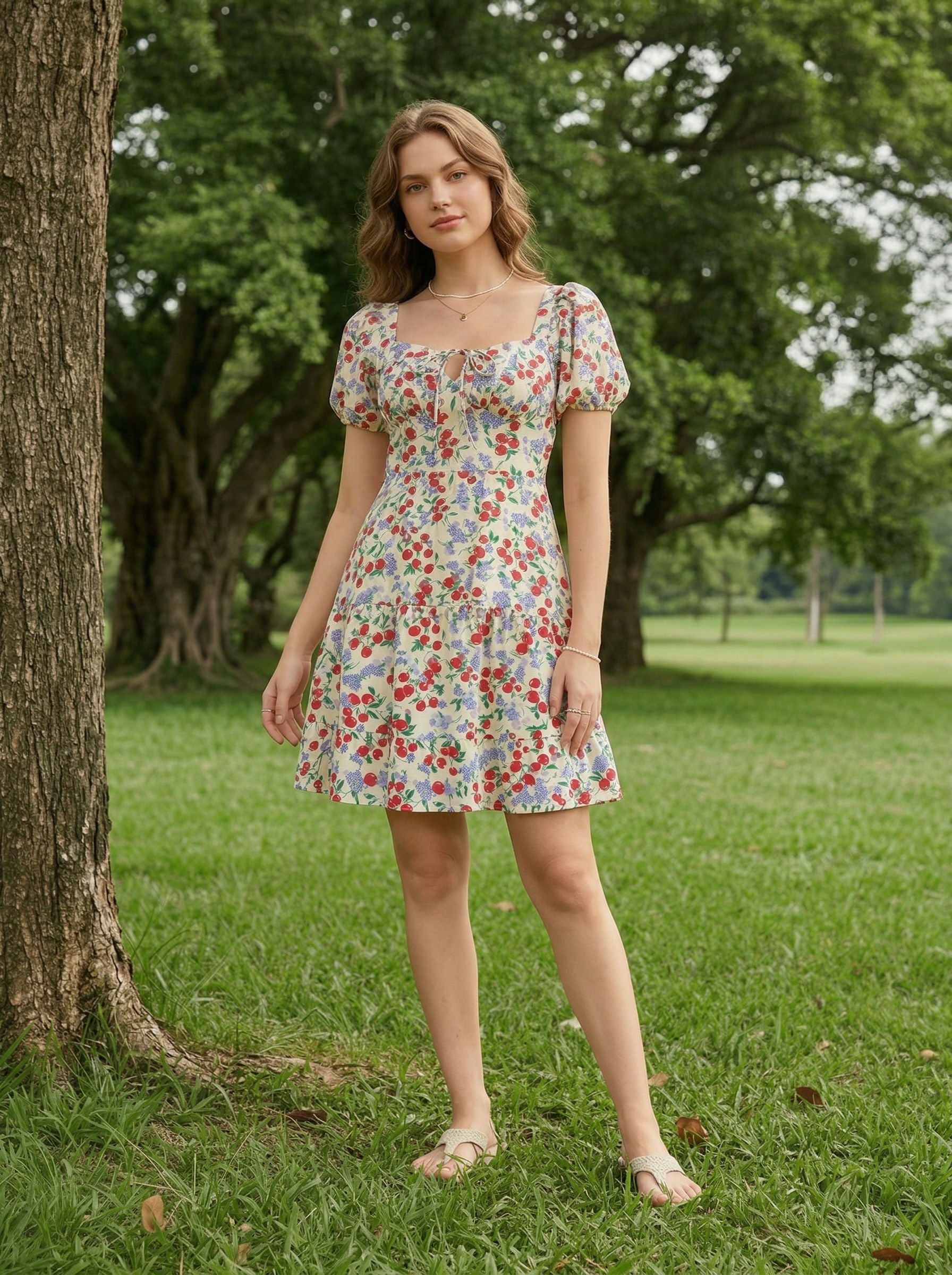 Floral Print Puff Sleeve Tiered Mini Dress