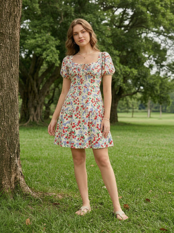 Floral Print Puff Sleeve Tiered Mini Dress