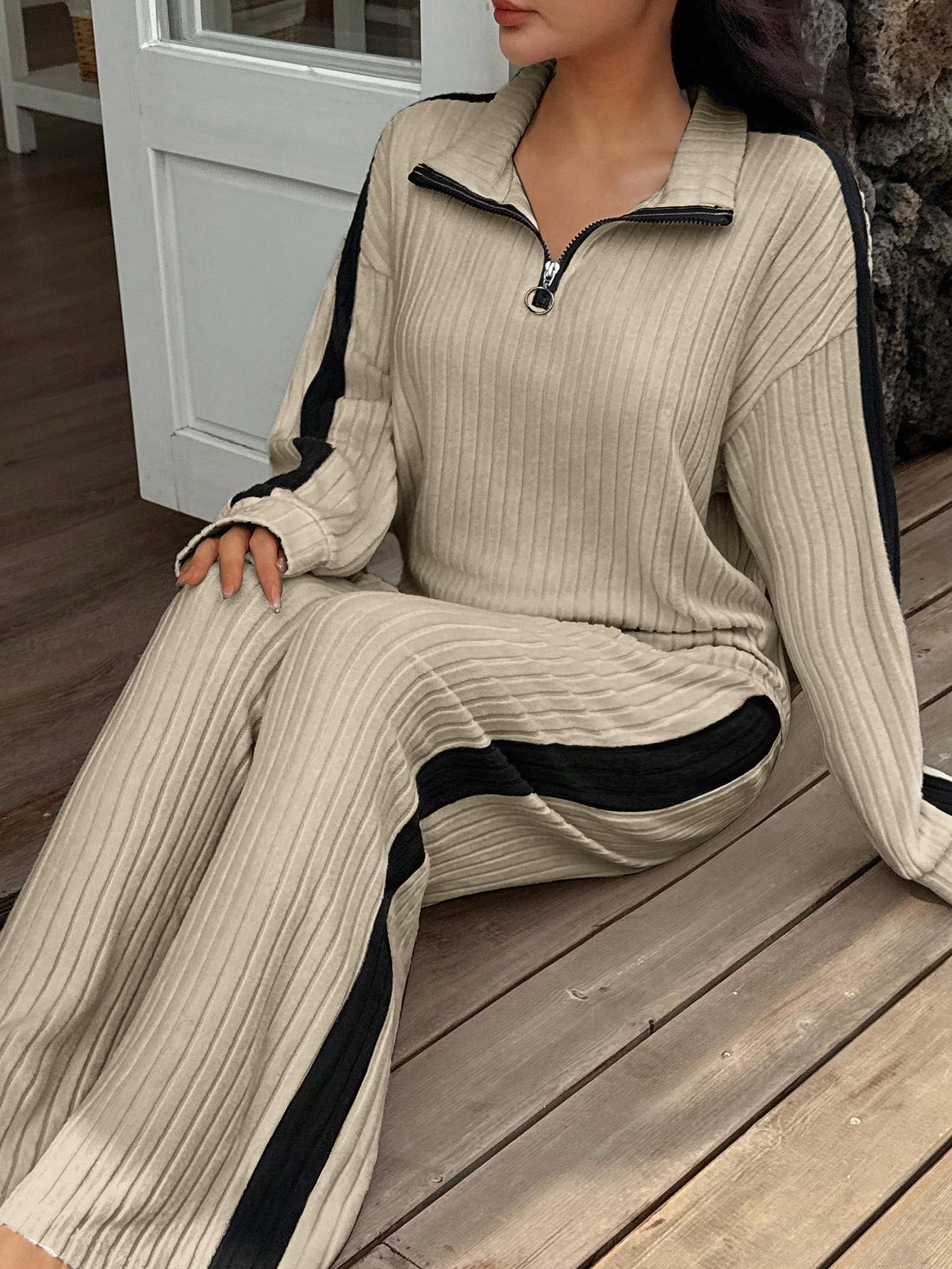 Quarter Zip Ribbed Lounge Set