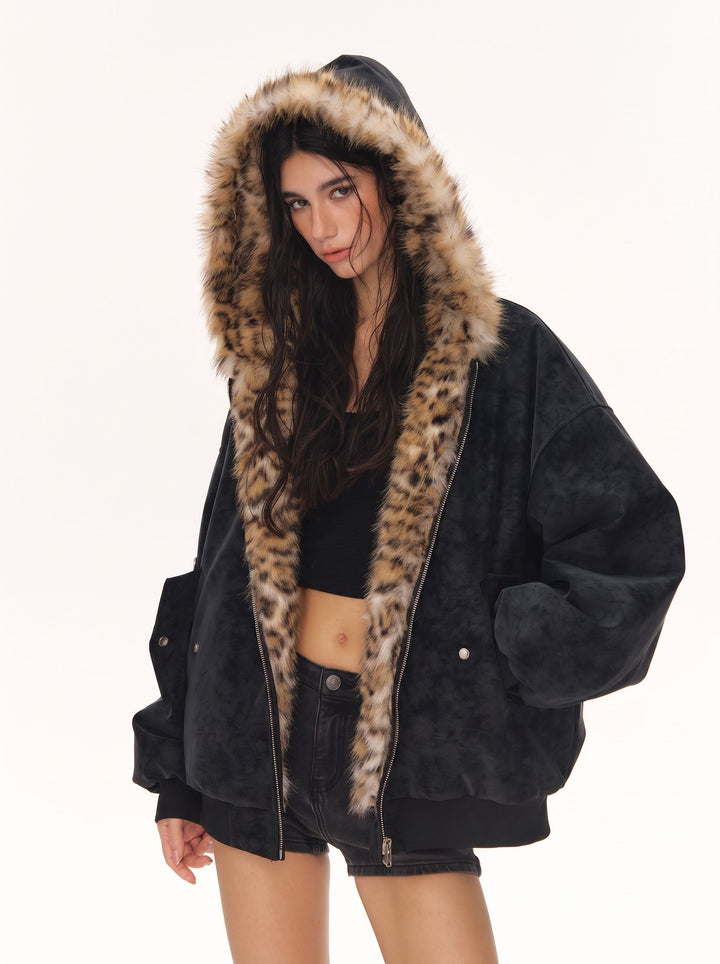 Reversible Leopard Print Faux Fur Jacket