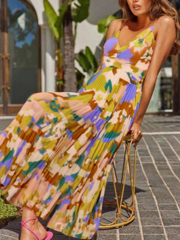 Floral Pleated V Neck Midi Dress