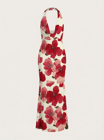 Floral Print Cowl Neck Bodycon Maxi Dress