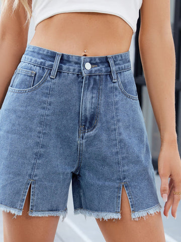 High Waisted Slit Raw Denim Shorts