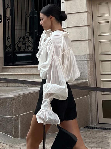 Sheer Balloon Sleeve Button Shirt
