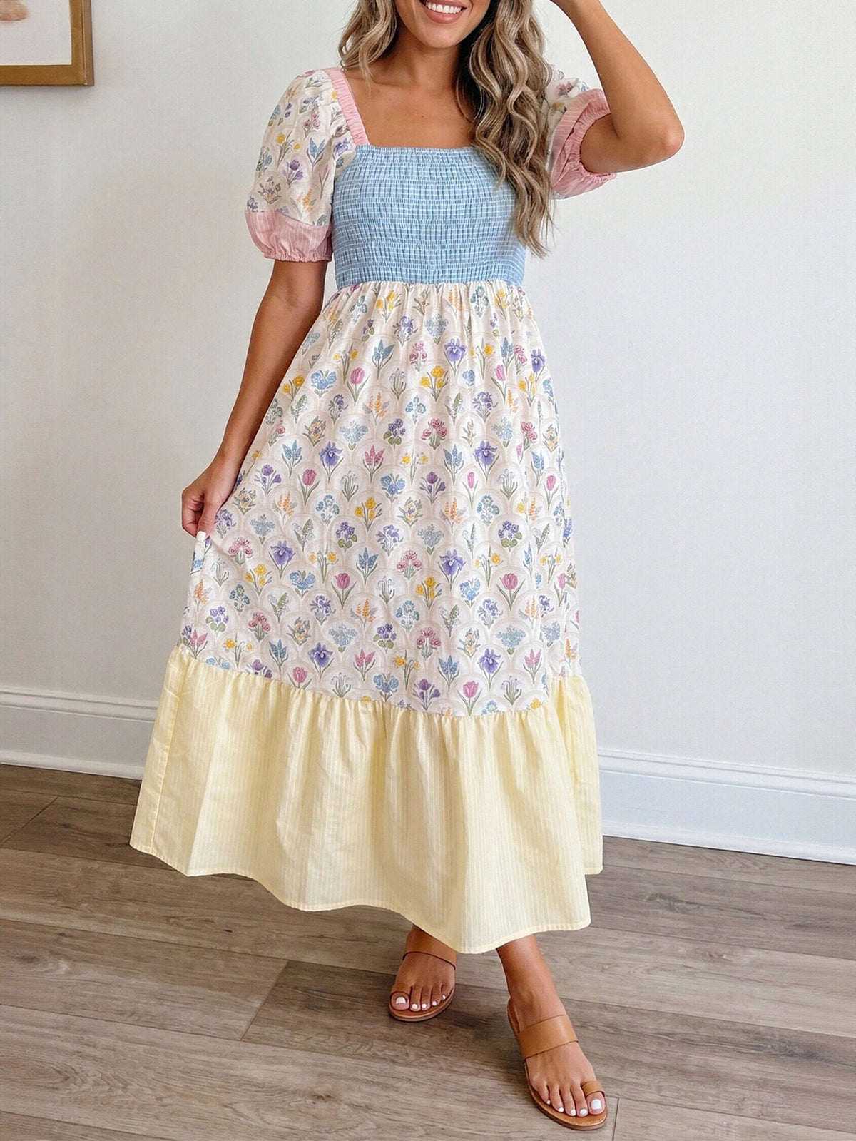 Smocked Puff Sleeve Floral Midi Dress