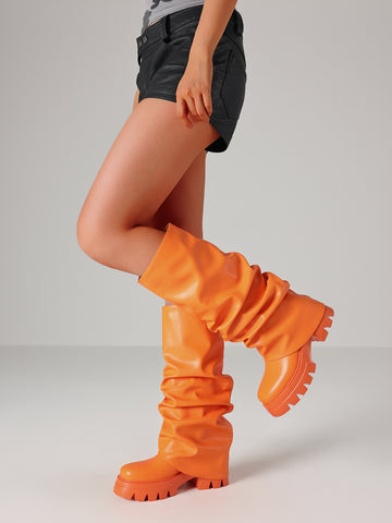 Chunky Heel Crinkled Leather Knee-High Edgy Boots-Orange