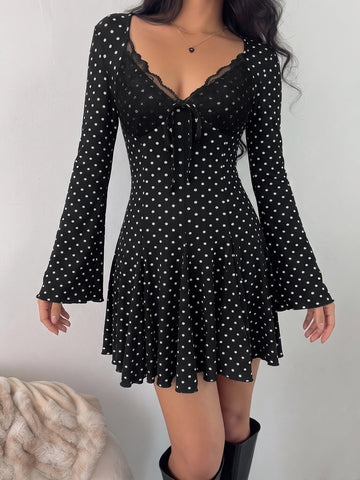 Polka Dot Lace Trim Mini Dress