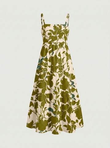 FLORA Floral Print Tiered Strap Midi Dress