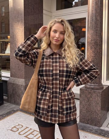 Plaid Faux Leather Collar Utility Jacket