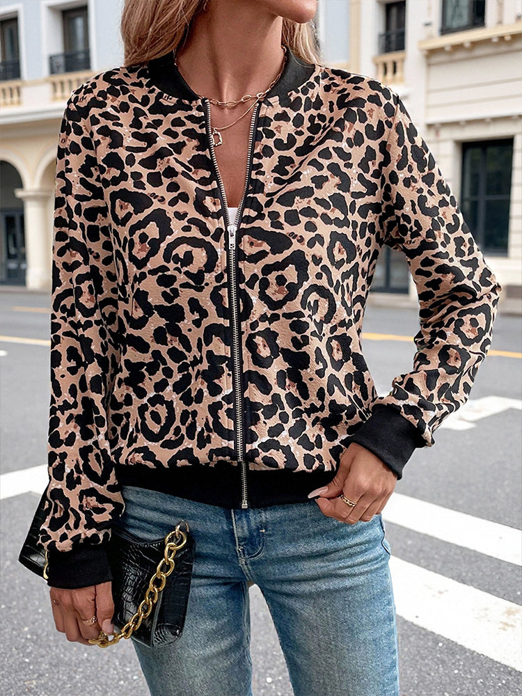 Leopard Print Zip Up Bomber Jacket