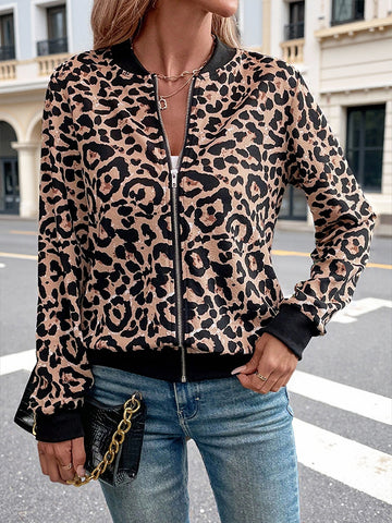 Leopard Print Zip Up Bomber Jacket