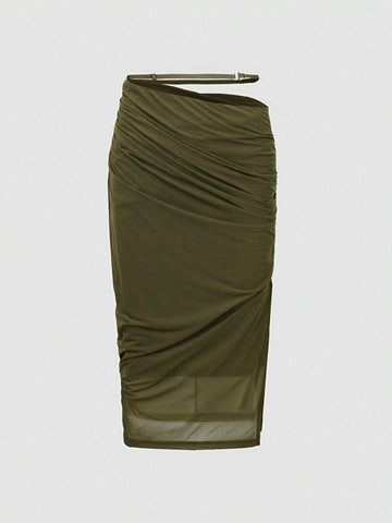Urban Revivo Ruched Midi Straight Skirt-Grass Green