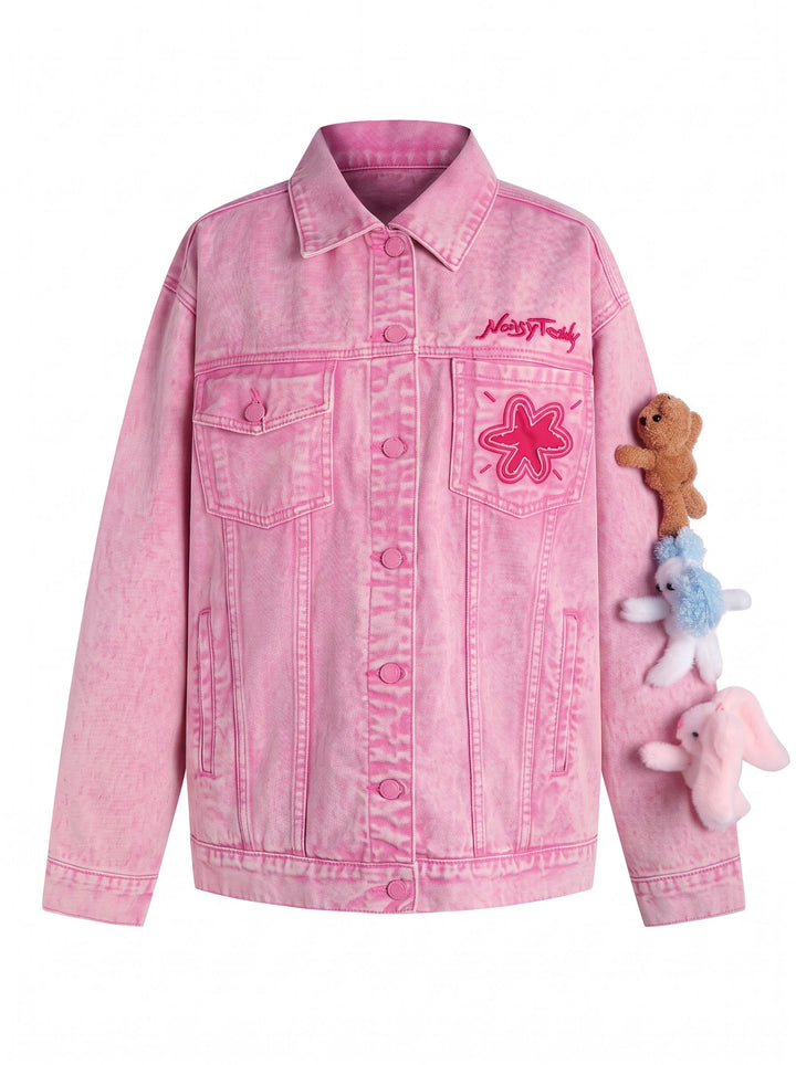 Oversized Pink Graphic Denim Jacket