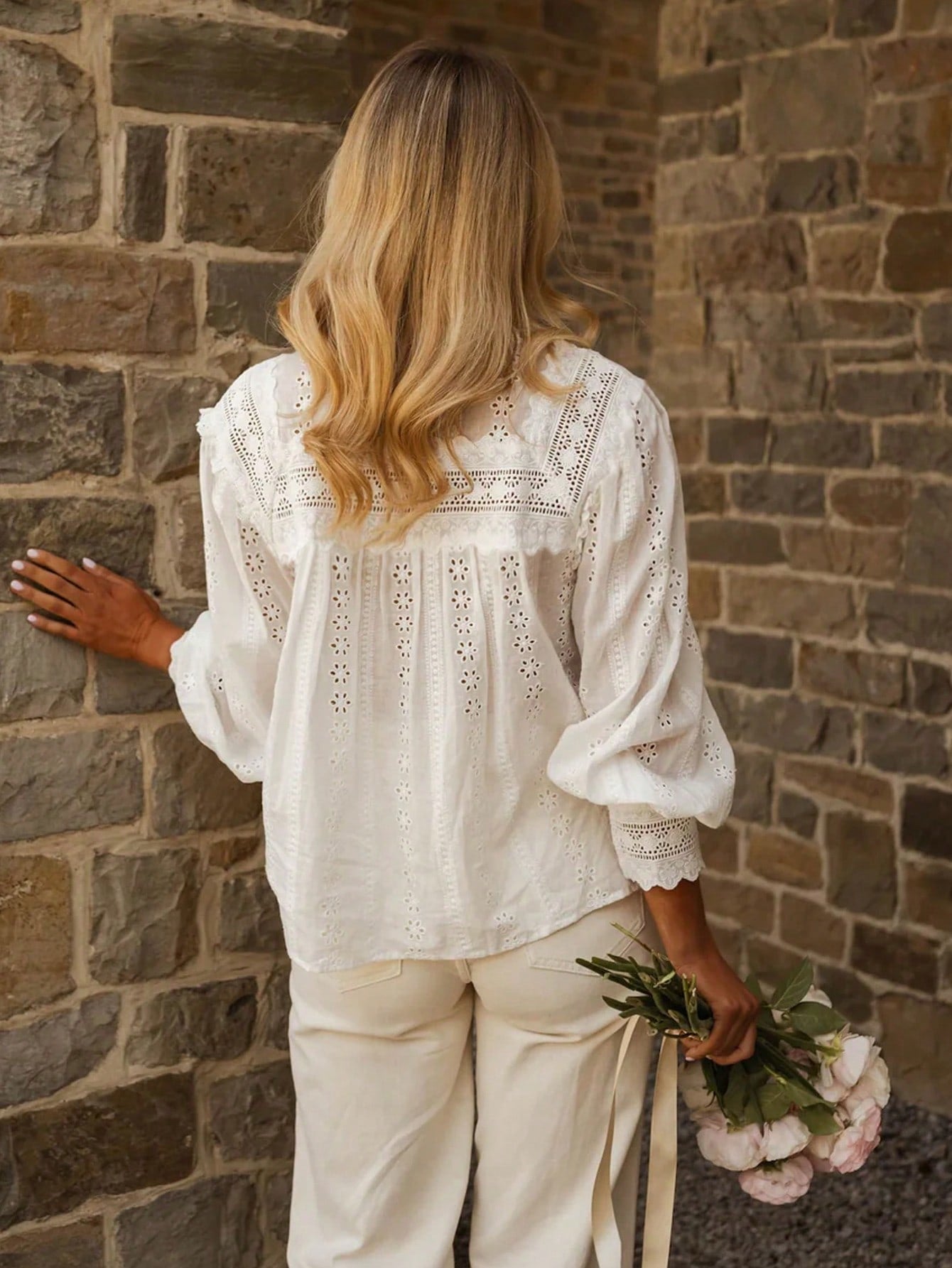 Three-quarter Sleeve Eyelet Detail Romantic Blouse-White
