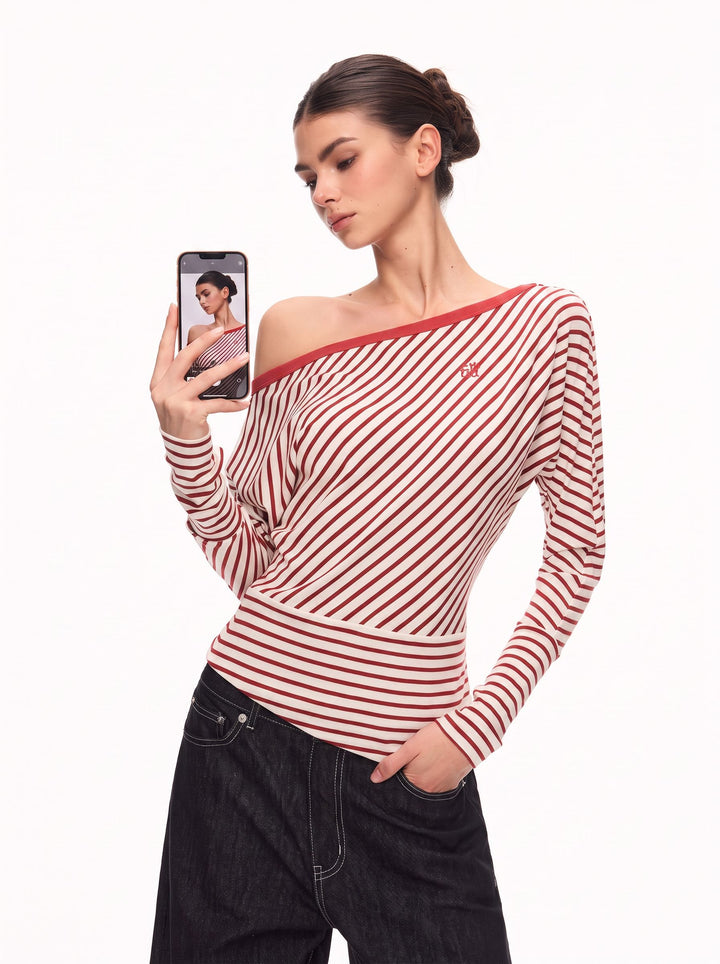 Off Shoulder Striped Long Sleeve Tee