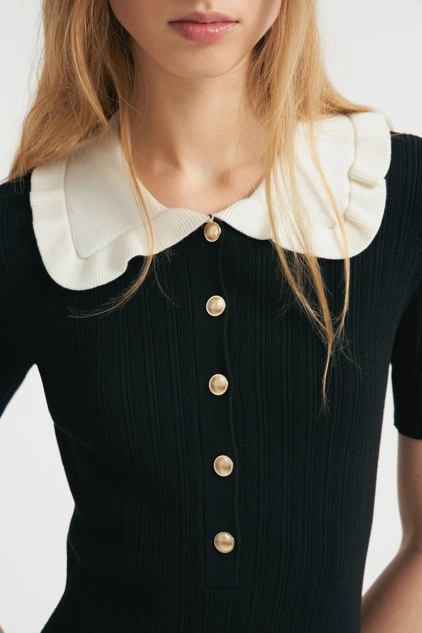 Collared Button-Front Office Lady Midi Dress-Multicolor