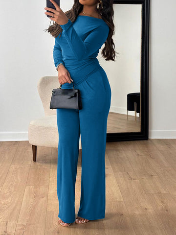 Off-Shoulder Wrap-Waist Top Wide-Leg Pants Elegant Set