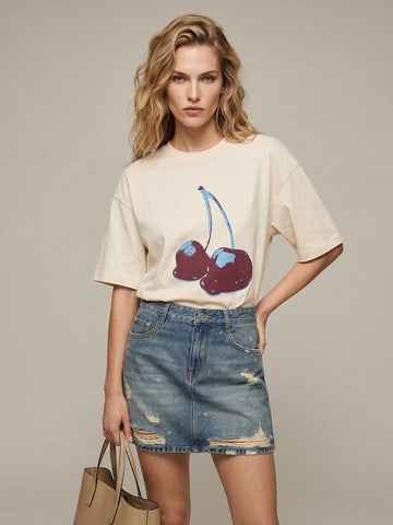 MO&Co. Cherries Pattern Cotton T-shirt
-Beige