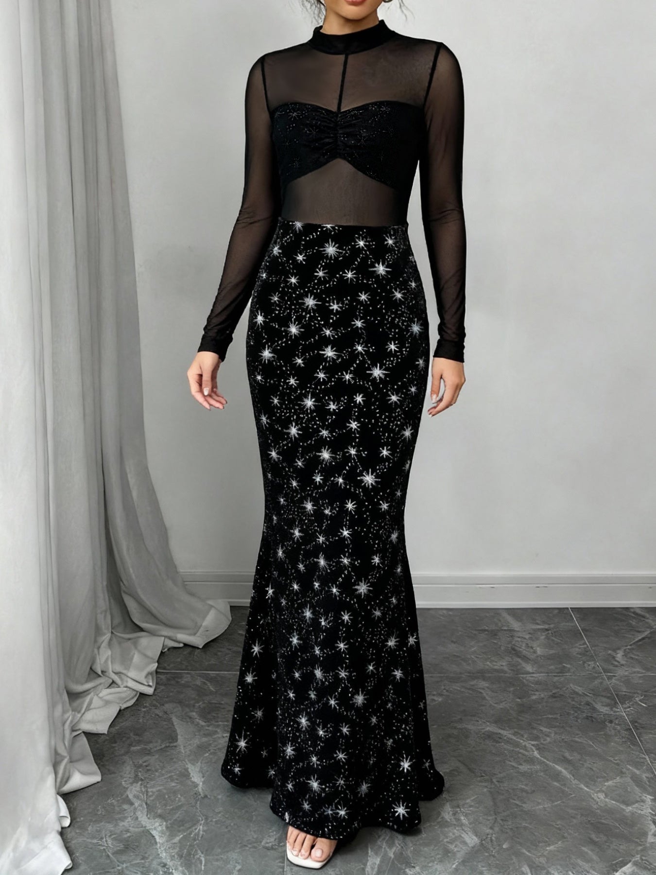 Sheer Mesh Star Print Maxi Dress