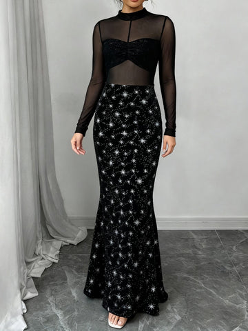 Sheer Mesh Star Print Maxi Dress