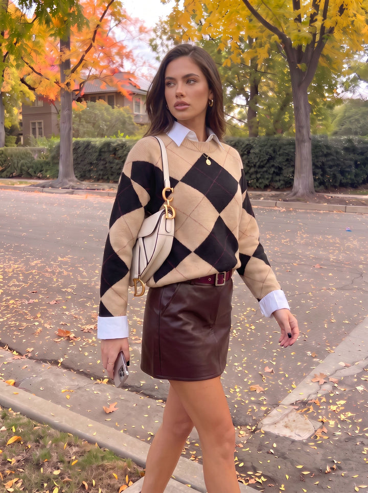 Oversized Argyle Pattern Crewneck Sweater