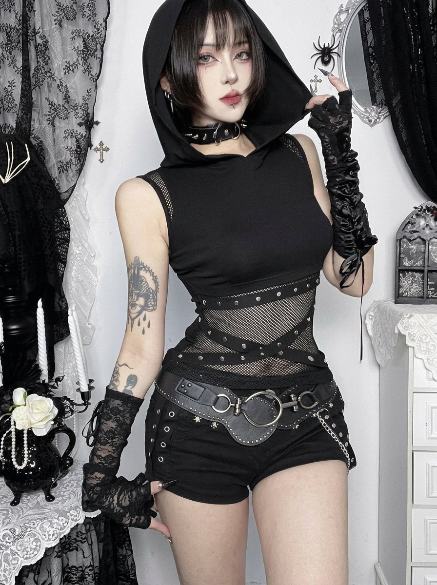 Gothic Hooded Mesh Studded Tank Top