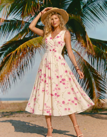 CORINNE
Floral Print V Neck A Line Midi Dress