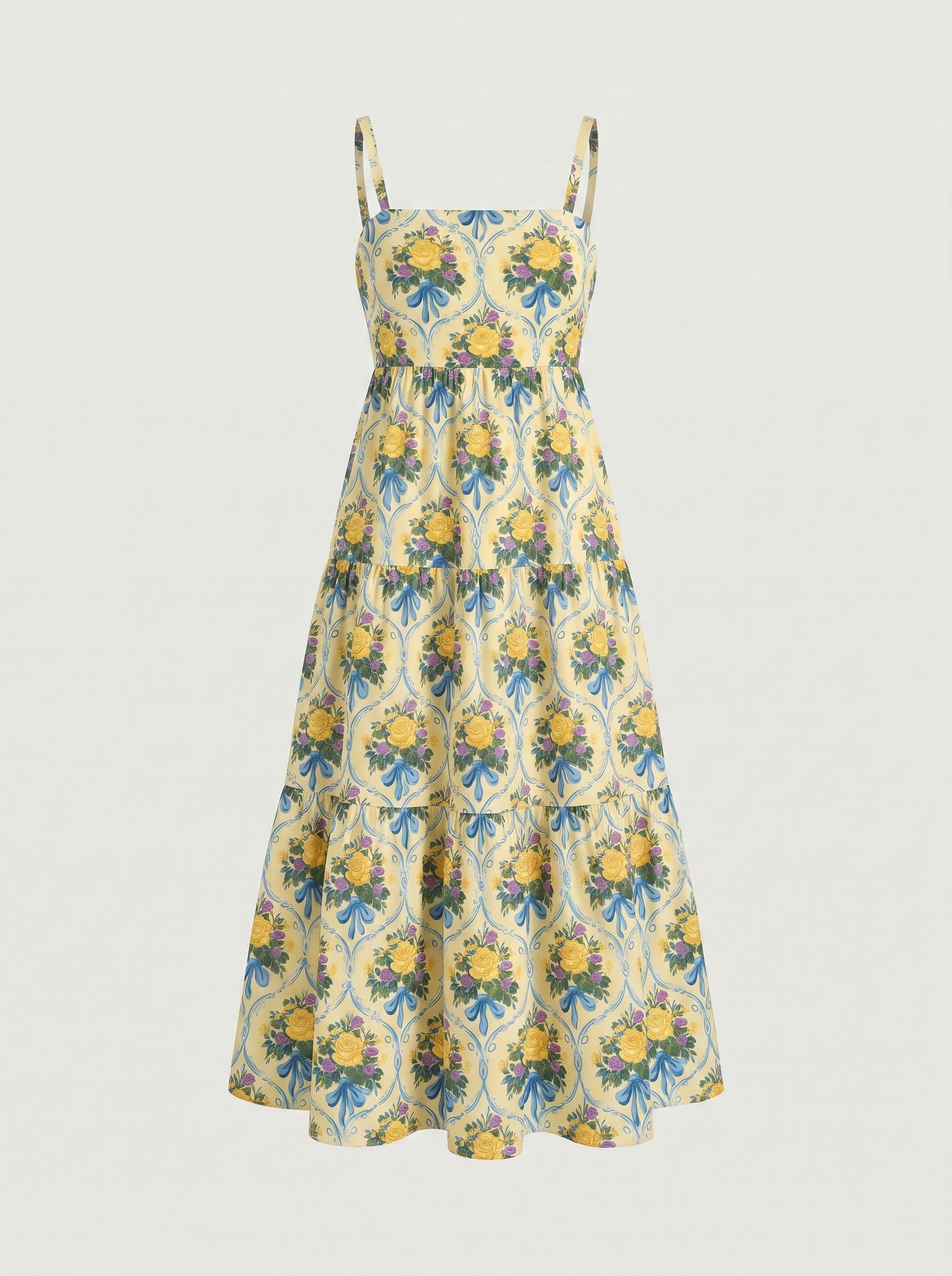 FLORA Floral Print Tiered Strap Midi Dress