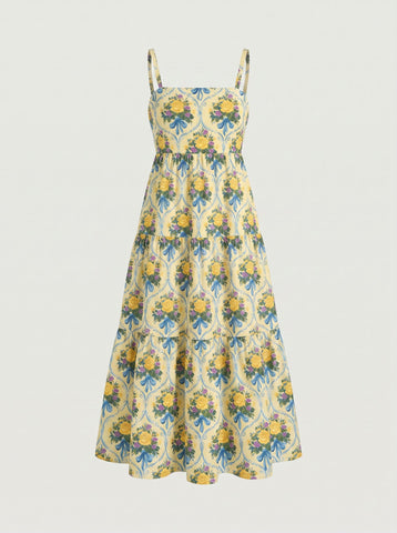 FLORA Floral Print Tiered Strap Midi Dress