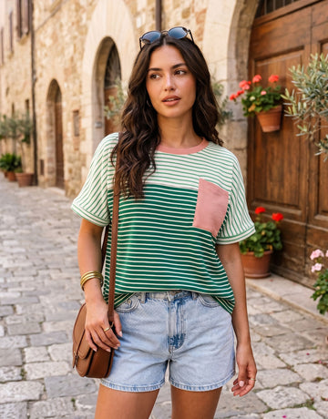 Colorblock Striped Pocket Cotton T Shirt