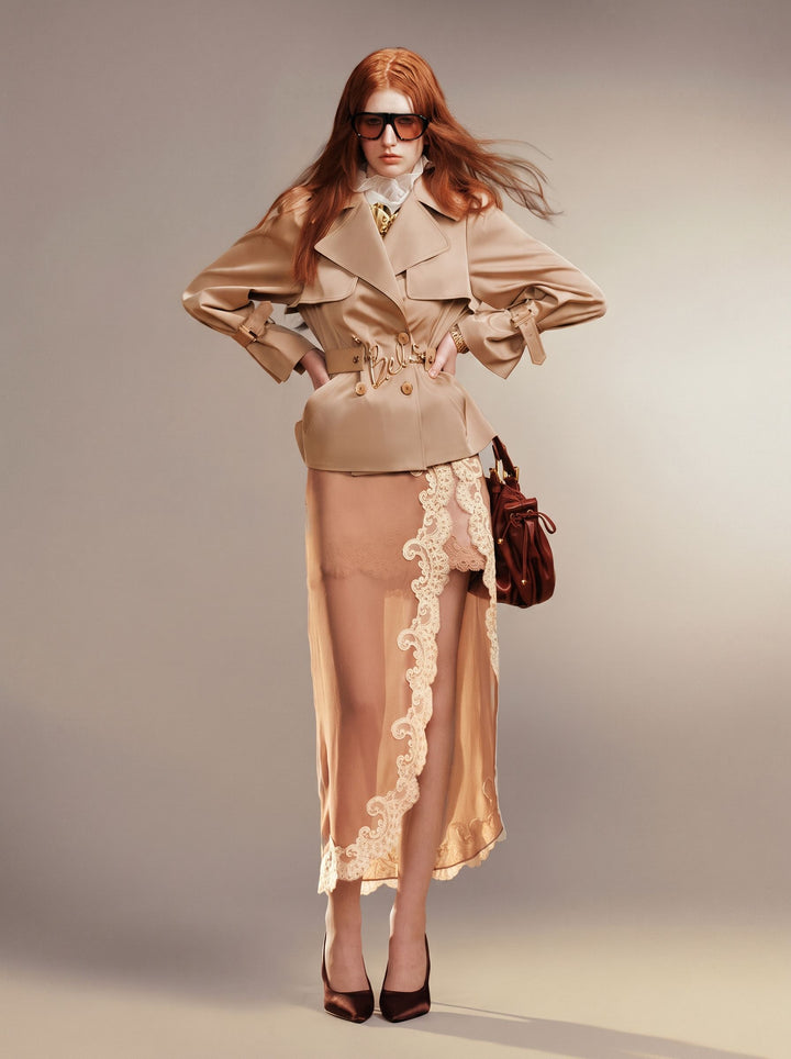 Puff Sleeve Belted Cropped Trench Coat